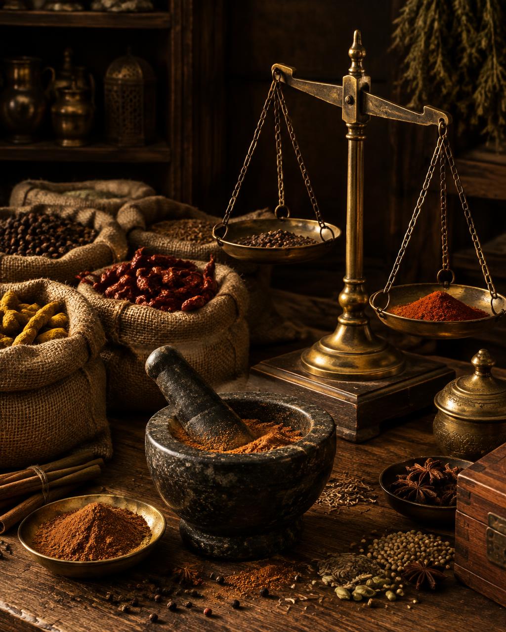 Alte Gewürzwaage, Mörser und Jutesäcke mit Gewürzen
